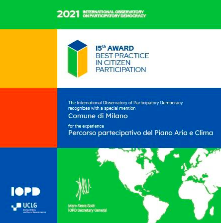 Piano Aria e Clima. Menzione Speciale Premio "Best Practice in Citizen Participation" per il percorso di partecipazione